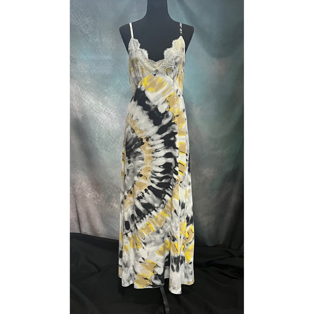 Chloé Silk Lace Trim Slip Maxi Dress FR 36 US 4 Gray Yellow Abstract French Lux